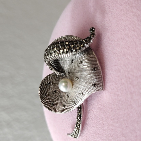 Theodore Fahrner Original Sterling Silver Marcasite FW Pearl Heart Brooch Pin - Picture 10 of 15